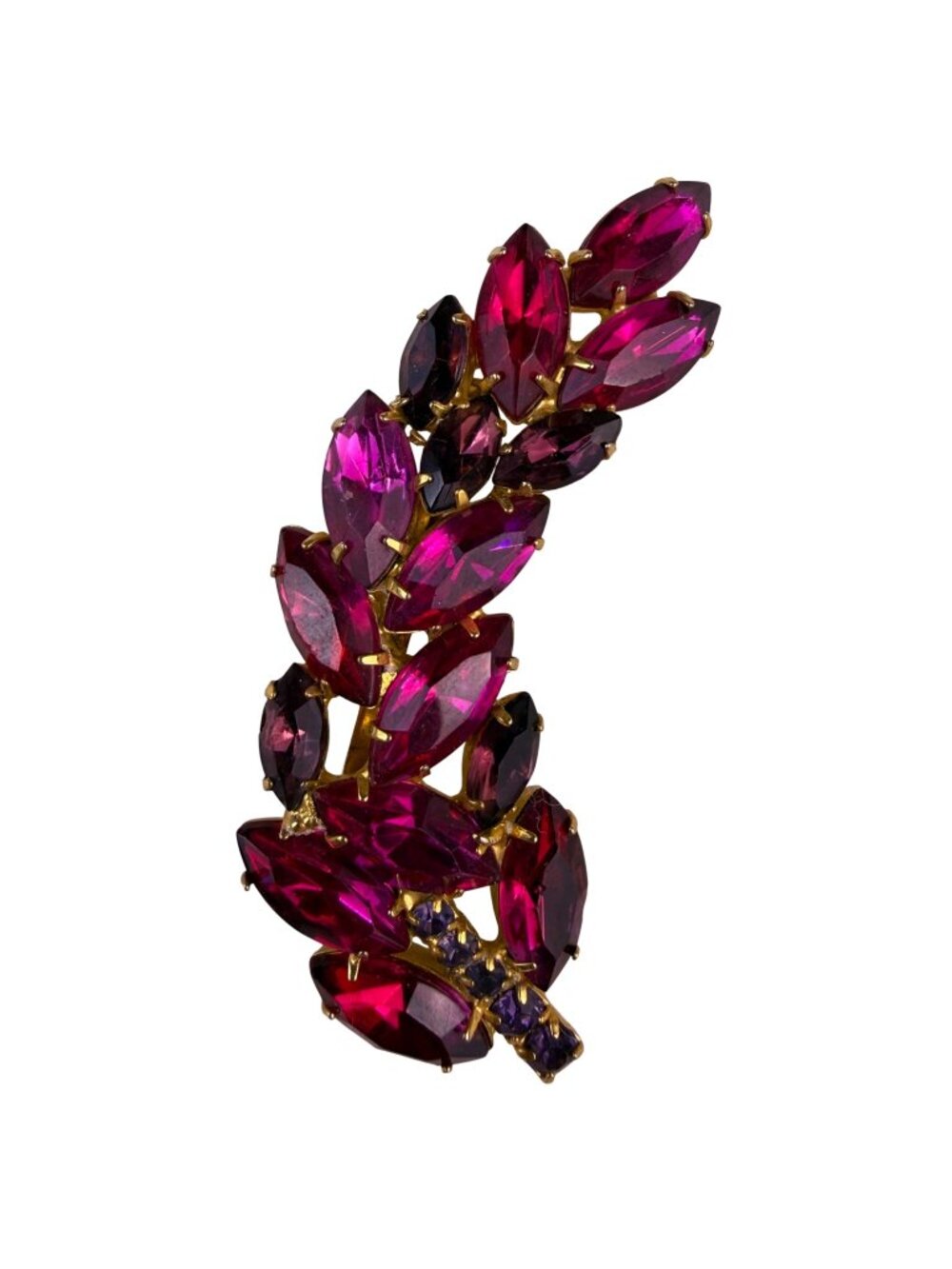 Vintage Art Deco Pink Glass Gold Tone Leaf Brooch Pin Womens Jewelry Gift